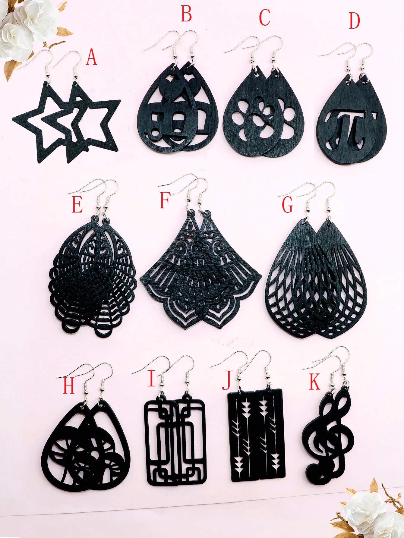 Black Wooden Geometry Hallow Out Drop Earrings Collection