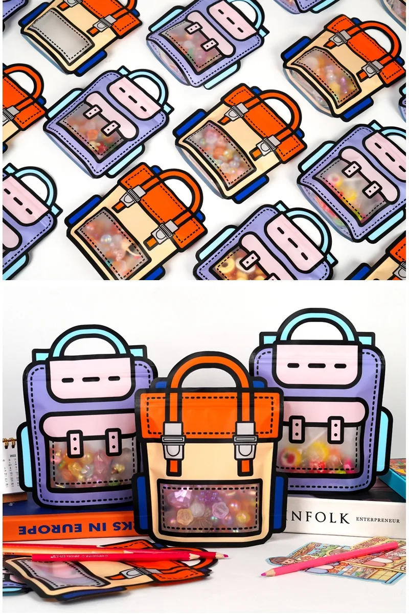 10-50 Stück Cartoon-Snackbeutel mit Selbstverschluss in Schulranzenform für Kekse und Süßigkeiten, Geschenkverpackung für Kindertag und Kindergeburtstag – Detail 12