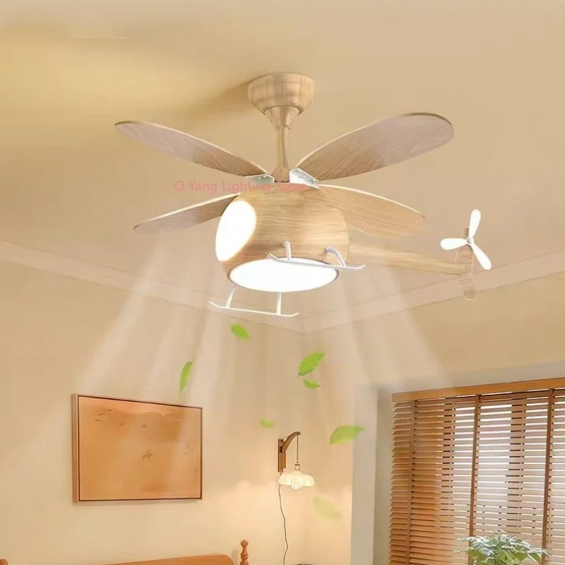Airplane Ceiling Fan Lights High Wind Boys and Girls Ceiling Fans Lamp Natural Wood Color  Water Transfer Printing Process