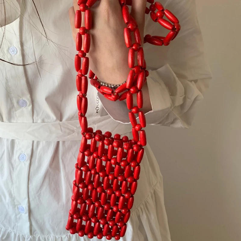 Vintage Minimalist Wooden Bead Woven Mobile Phone Bag 2024 New Ins Minimalist Summer Vacation Beach Crossbody Bags for Woman