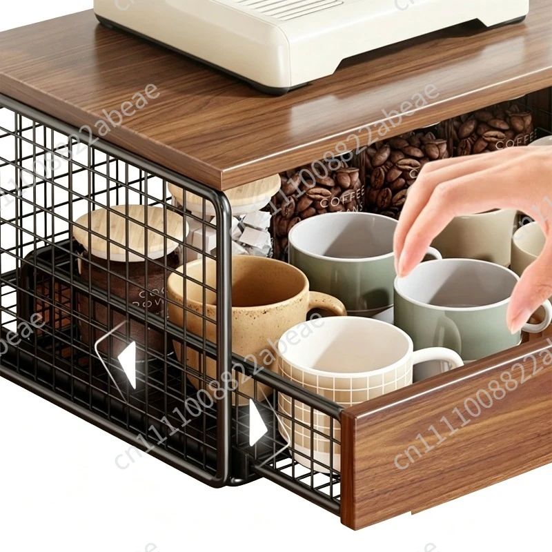 Coffee Machine Storage Shelf - 2-Tier Countertop Organizer for Home/Office, Pull-Out Tea Cup Holder, Space-Saving Stand