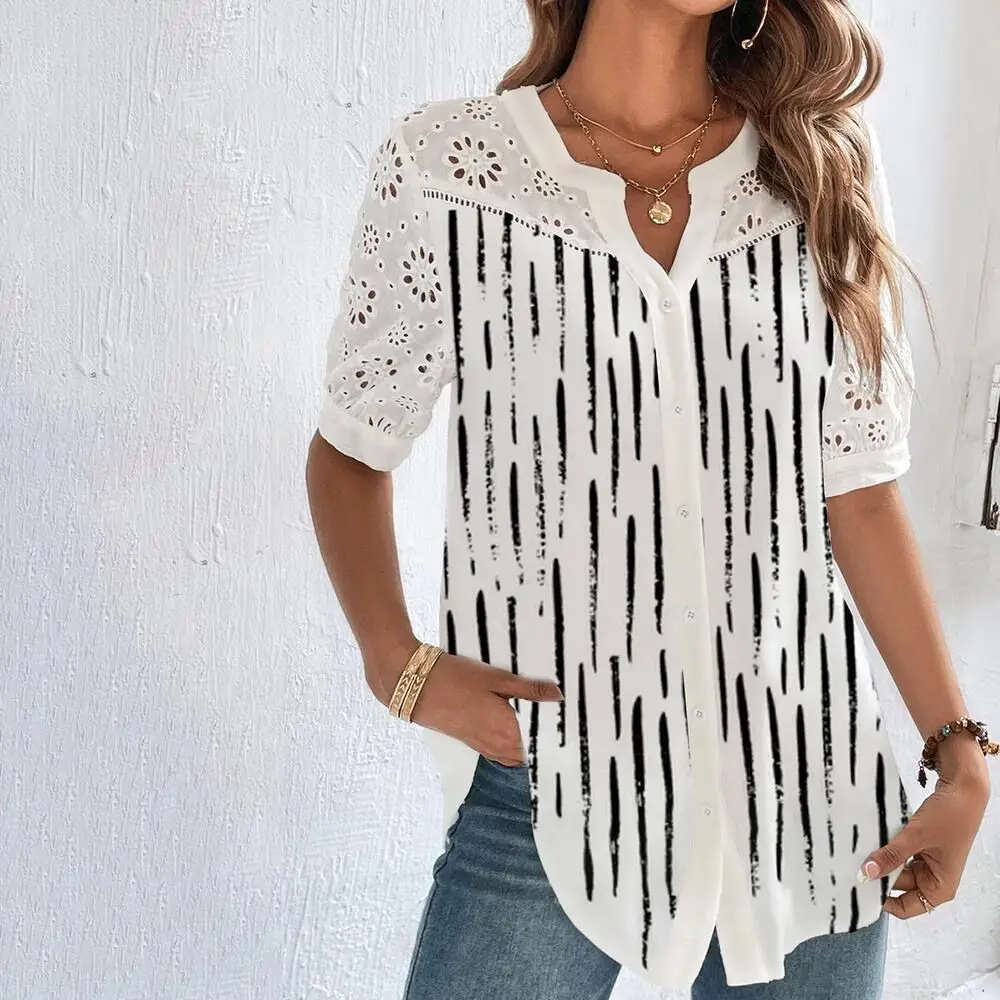 Temperament Casual Lace Woman Shirt Fashion Loose Shirt Woman Elegant Short Sleeve Woman Shirt Holiday Weekend Top