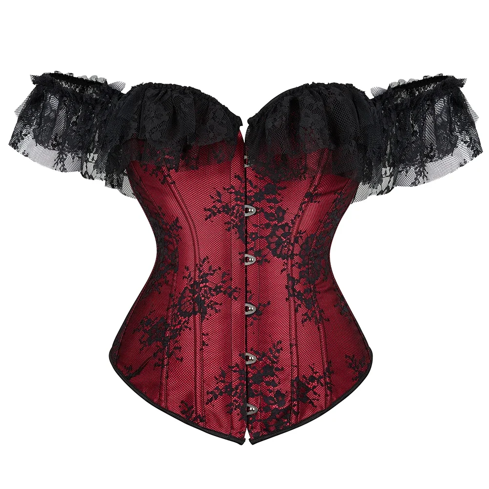 

Women Sexy Lace Sleeves Off Shoulder Floral Overbust Corset Princess Elegant Corsets Victorian Bustier Showgirl Party Costume