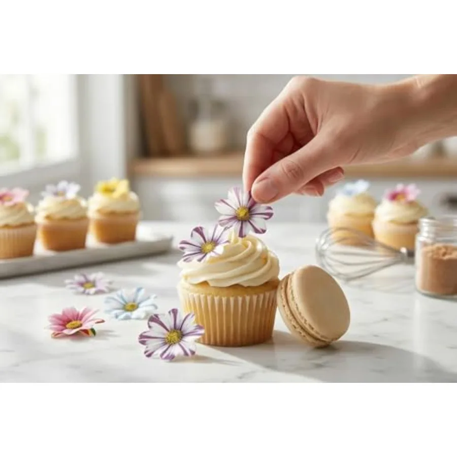 Set of 48 Edible Mini Flower Cupcake Toppers Wedding Cake Birthday Party Food Decoration Mixed Size and Colour view 3