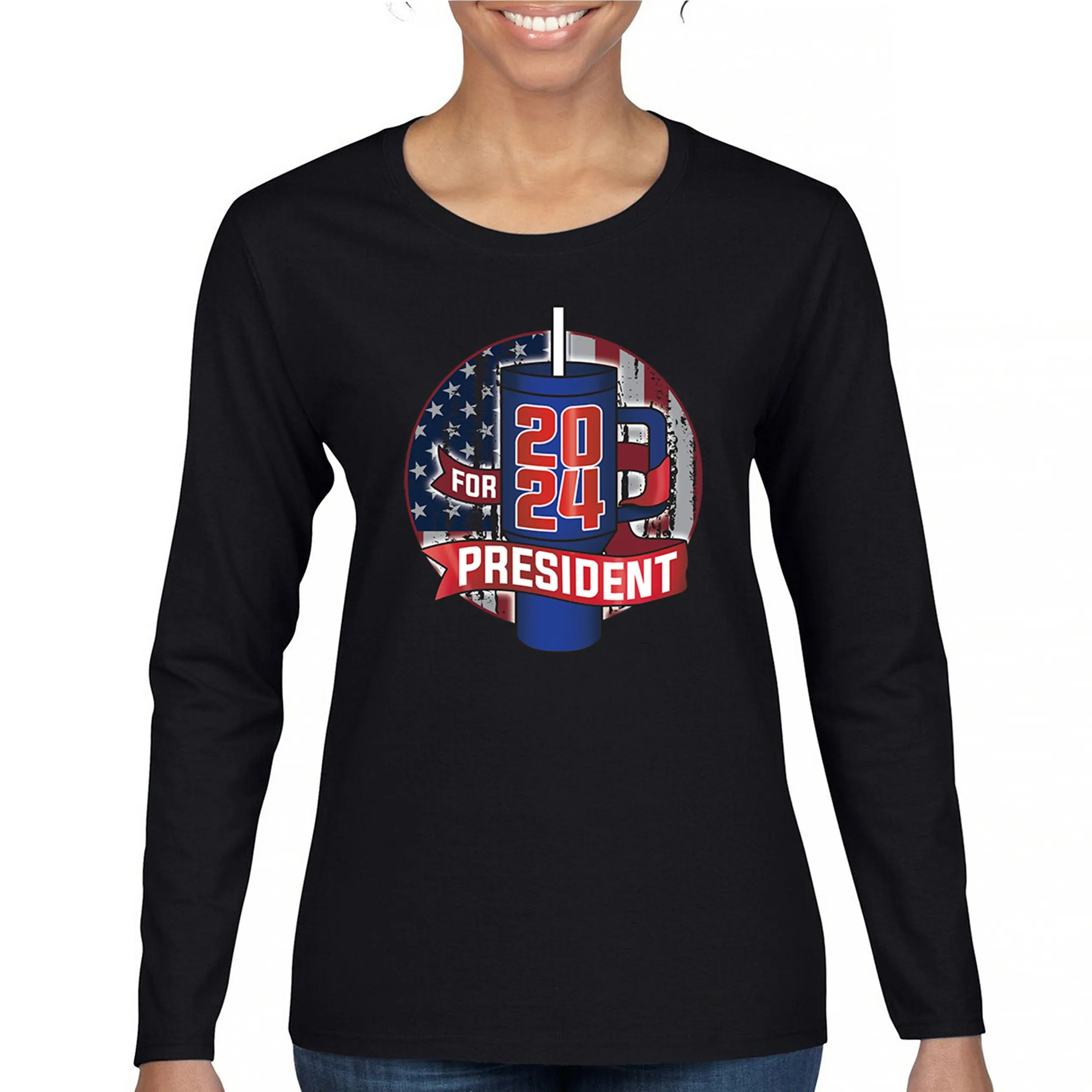 Cup For President 2024 Women's Long Sleeve T-shirt Funny Water Bottle Tumbler