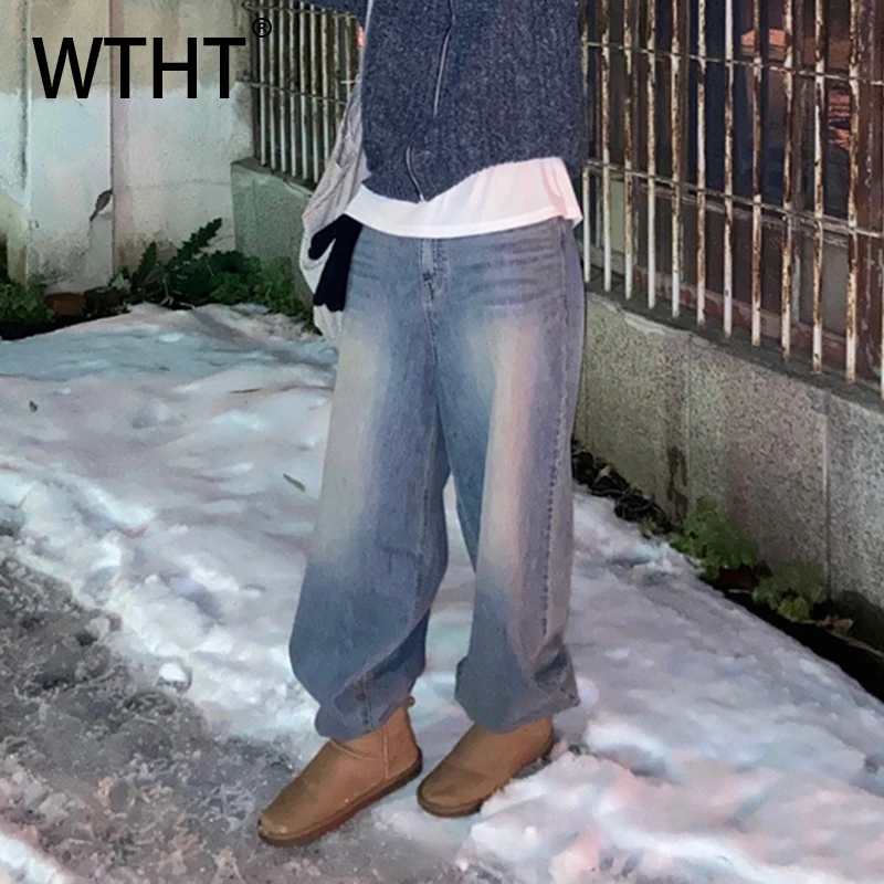 

WTHT модные мужские потертые старые повседневные джинсовые брюки, модные зимние уличные широкие прямые джинсы 2025 года, мужские 2A2496