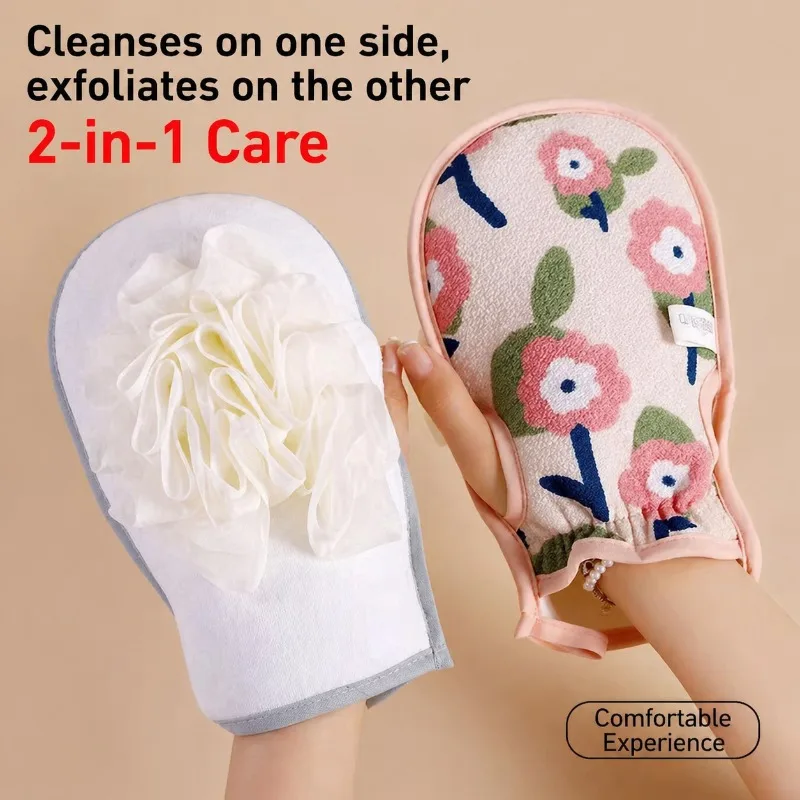 Upgraded Double-sided Shower Loofah Glove Powerful Painless Exfoliating Tool Ladies Body Bath Towel Easy Back Cleaning Mitt