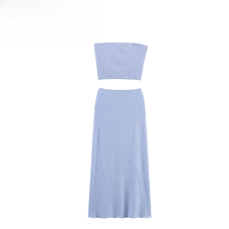 

Spring New ZR Women's Fashion Texture Wrap Chest Top And Midi Skirt Set Polyester Fiber Versatile Quality Spring Summer Autumn