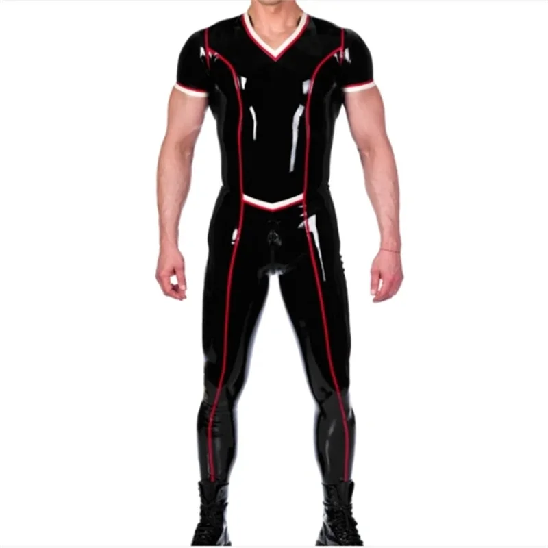 

Black Latex Catsuit Rubber Bodysuit One-piece Racing Suit with Red Trim for Men Back Crotch Zipper