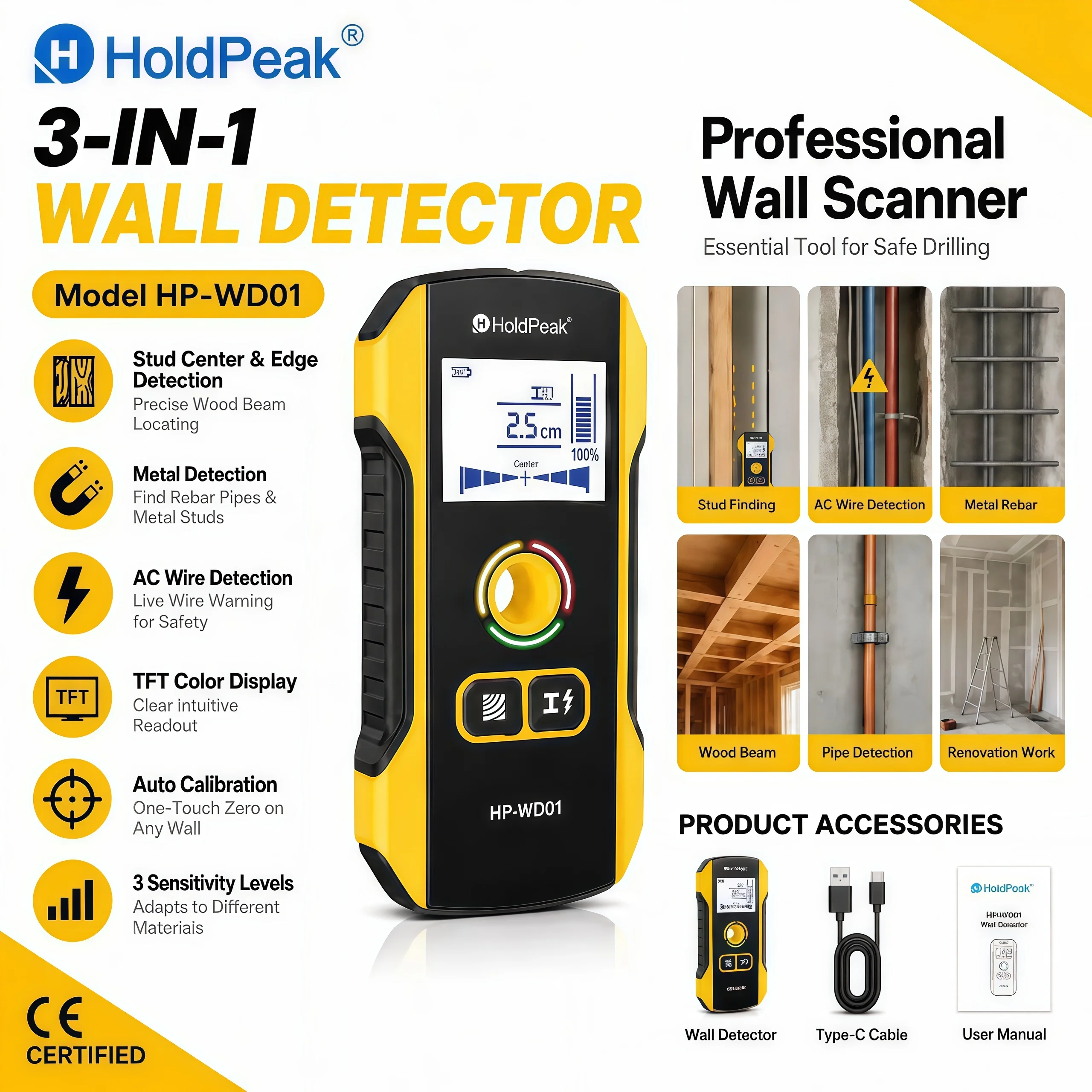 FNIRSI WD-01 Wall Detector 3 Modes Metal AC Cable Wood Stud Finder Center Positioning 120mm TFT LED Alarm