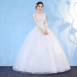 HMHS-38#2025 New Long Sleeved round Neck Floor-Length Slimming Princess Plus Size Bride Pregnant Wedding Dress Ball Gown White