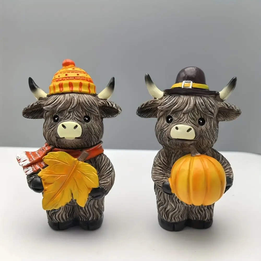 2pcs Halloween Decor Funny Highland Cattle Ornament Resin Cute Cow Statue Decorative Animal Figurine Sculpture Farmhouse