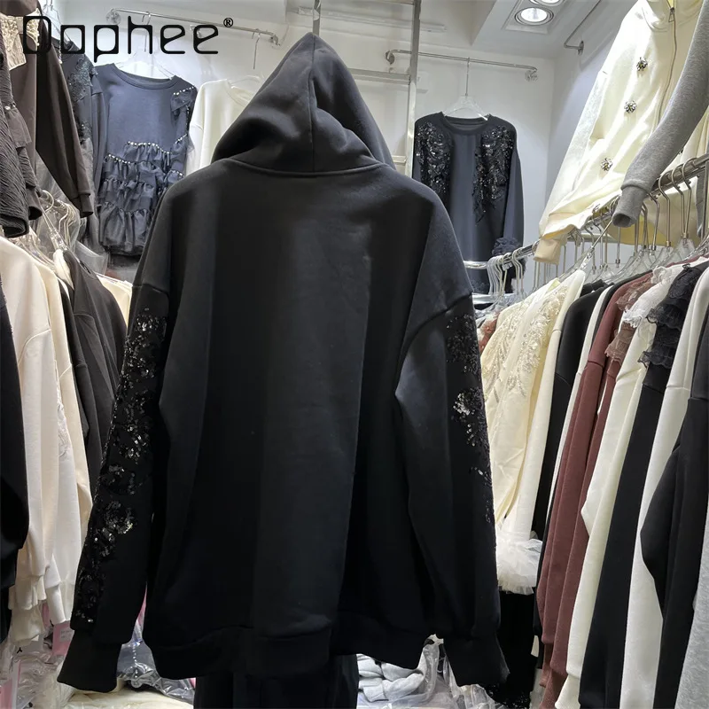 Street Heavy Sequin Borduren Kralen Sweatshirt Met Capuchon Dames American Hot Girl Trendy Oversized Sweatshirt Veelzijdige Casual Top