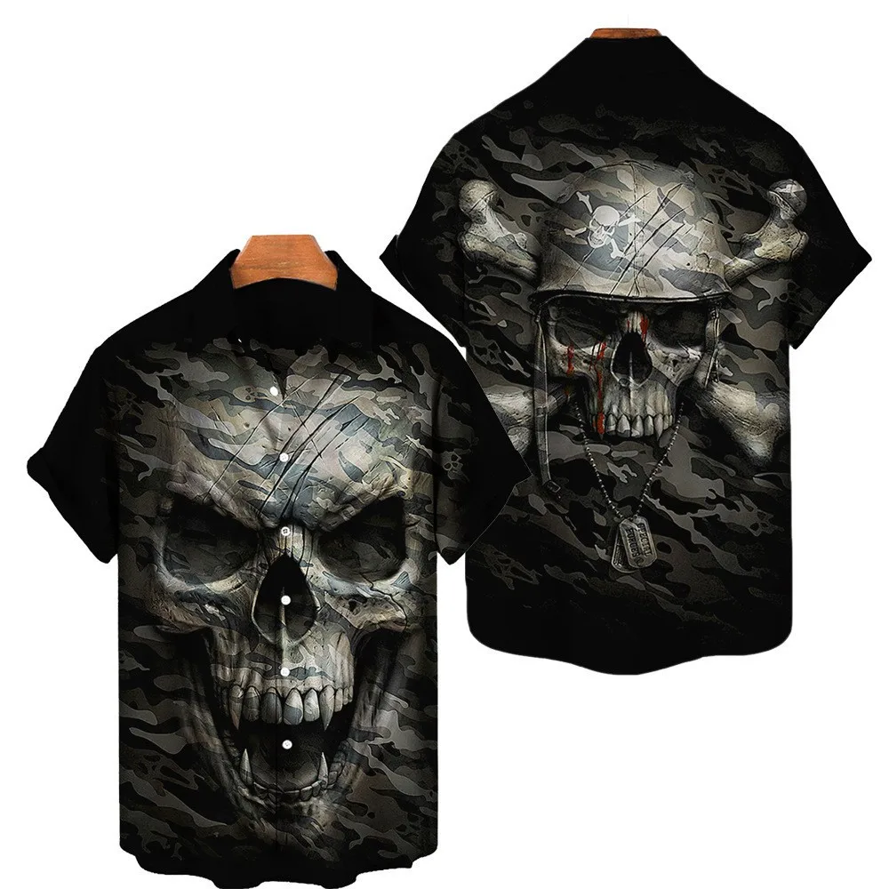 Hawaiian Casual Black Skull Print Shirt Men Short Sleeve Summer Beach Holiday Top Clothing