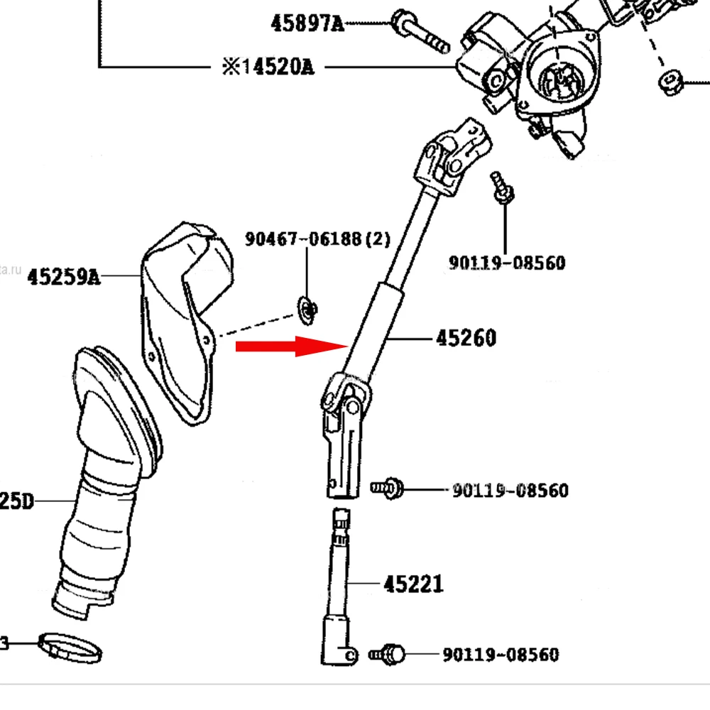 Lower Steering Column Shaft Fits 45260-42080 For Toyota RAV4 Vanguard ACA30 ACA31 ACA33 ACA36