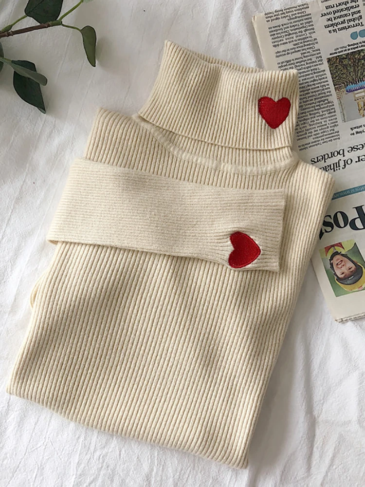 2024 Knitted Women Sweater Ribbed Pullovers Heart Embroidery Turtleneck Autumn Winter Basic Women Sweaters Fit Soft Warm Tops