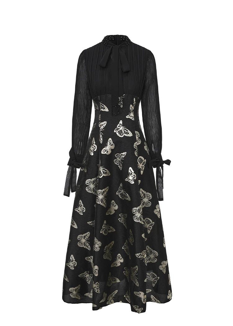 

Elegant Luxury Women's Butterfly Print Dress Gold Stamping Crystal Bow Neck Long Lantern Sleeve Patchwork Pleated Banquet Gown