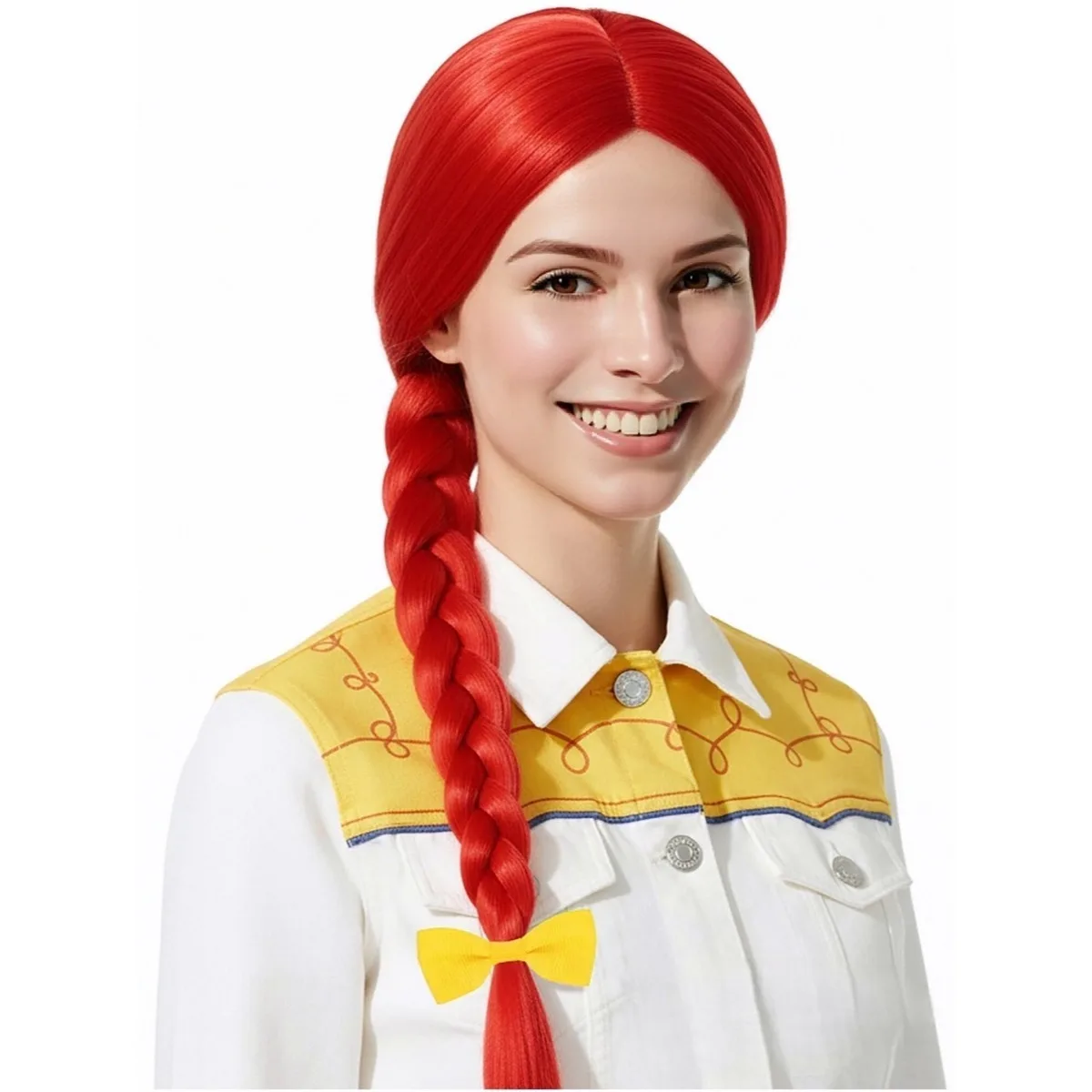 Bright Red 61cm Long Straight Wig Braided Pony Tail Yellow Bow Synthetic Glossy Cosplay Daily