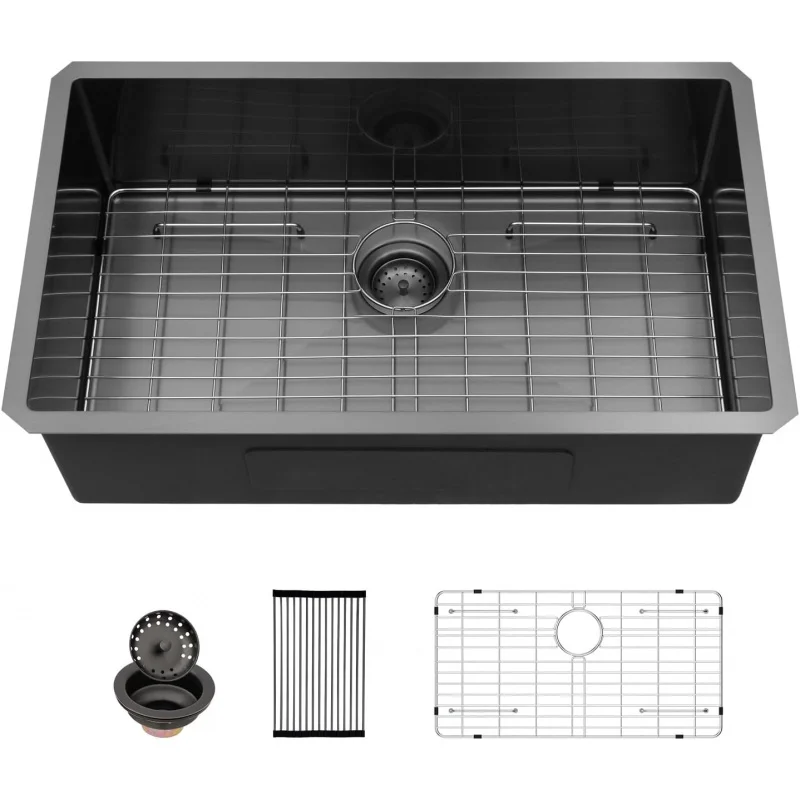 33 Gunmetal Black Undermount Sink, 16 Gauge Stainless Steel Single Bowl Kitchen Basin, Modern Matte Black Undercounter