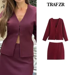 TRAF ZR Skirts Set Woman Two Pieces Casual Elegant Elegant Casual Women's Set Long Sleeve Knit Sets Women's Summer Suit Set