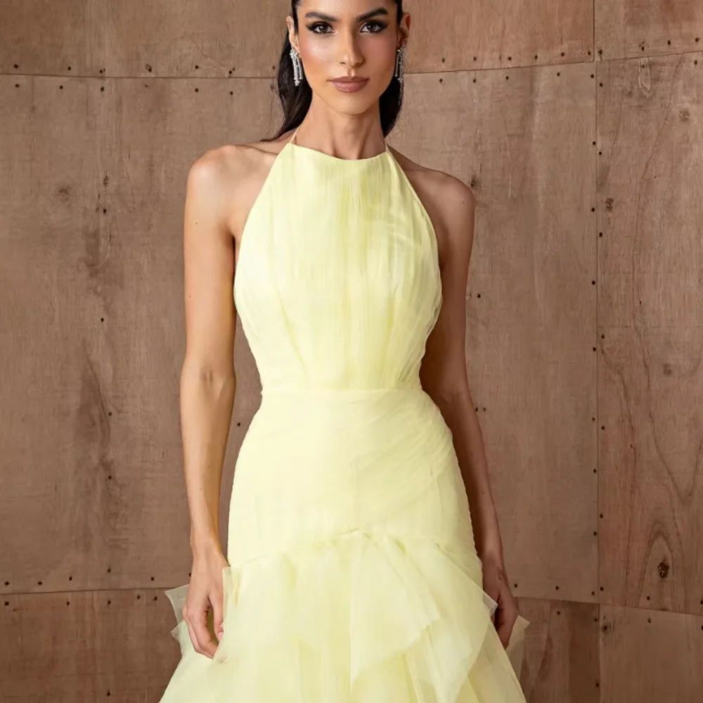 

Customized Prom Dresses Tulle Halter Modern Style Evening Dress Mermaid Party Gowns Elegant Floor Length فساتين سهرة