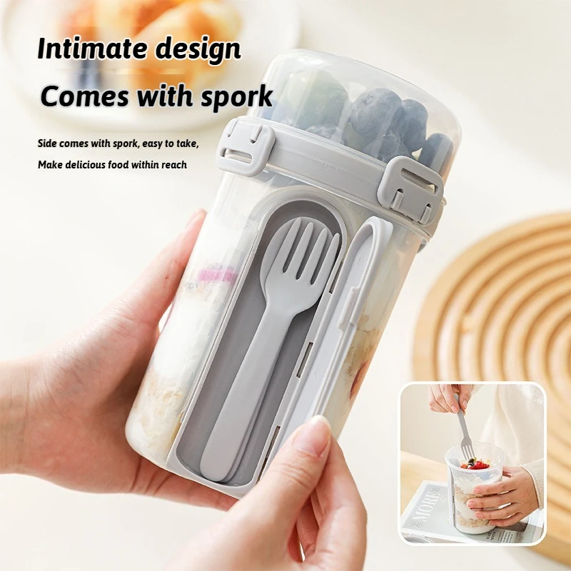 

Two-layers Breakfast Fruit Oat Yogurt Salad Cup with Fork and Spoon Overnight Food Storage Bento Box Snacks Light Meal Cup