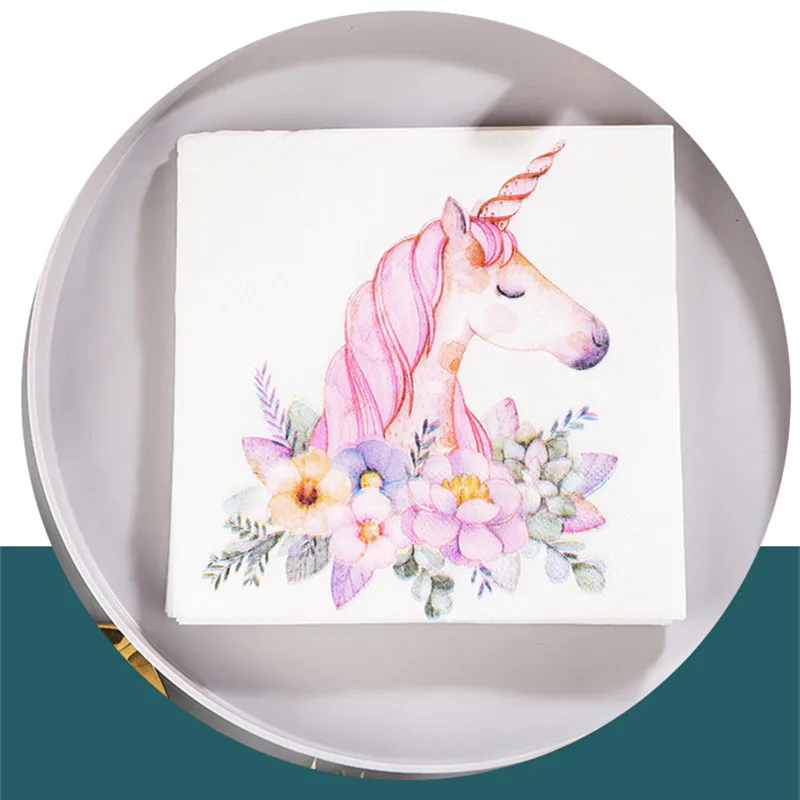 20Pcs Disposable Pink Unicorn Flower Printed Table Dinner Tissue Napkins Paper Wedding Party Decoration Supplies