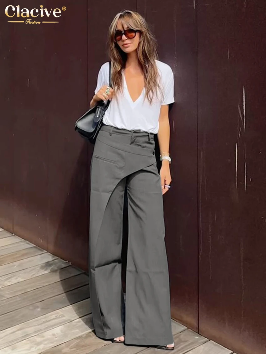 Clacive موضة فضفاضة رمادي سراويل نسائية 2026 ربيع عالية الخصر بنطال واسع سيدة أنيقة كلاسيكية الصلبة السراويل الملابس النسائية