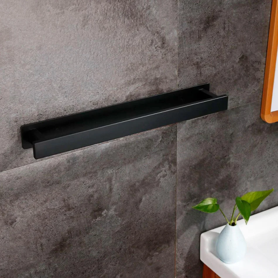 Adhesive Stand Towel Bar Shelf Black 304 Stainless Steel Wall Mounted Lavatory Kitchen Bathroom Towel Rack Bar Holder Hanger