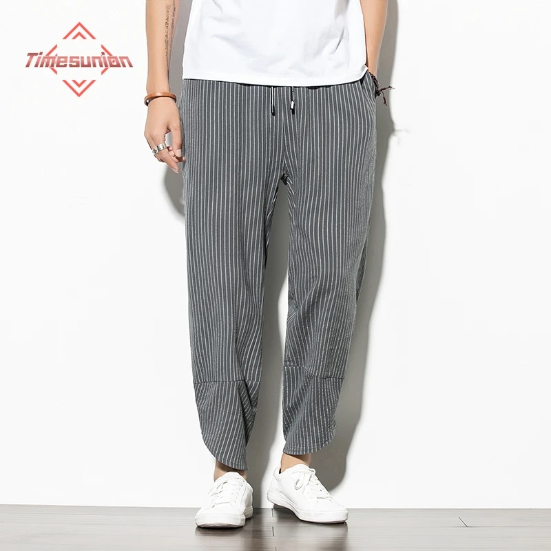 Cotton Linen Pants for Men Summer Striped Wide-Leg Pants Chinese Style Casual Plus Size Harem Pants Bloomers