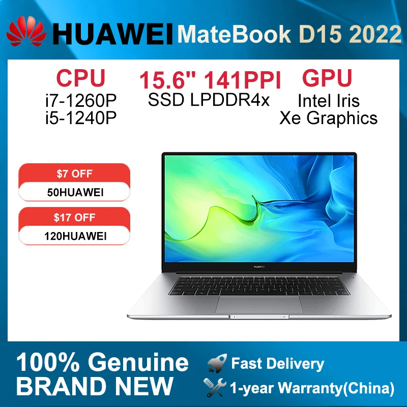 2022 HUAWEI MateBook D15 Netbook 15,6 pulgadas i5-1240P/i7-1260P 16GB 512GB portátil Iris Xe gráficos Wifi 6 SSD LPDDR4X