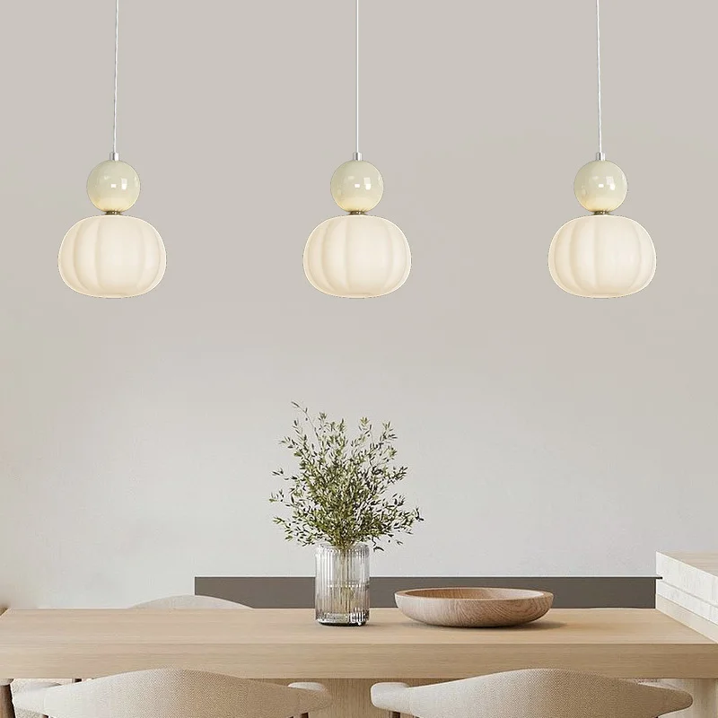 Pumpkin Shaped Beige Pendant Light Bedroom Bedside Lamp Modern Living Room Bar Counter Entrance Foyer Head Hanging Line Light
