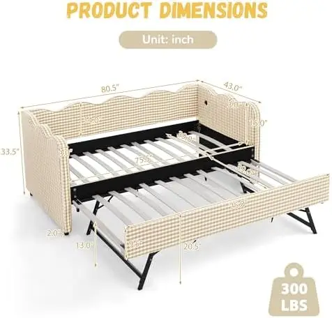Twin to King Size Daybed with Trundle, Plaid Linen Upholstered Day Bed Frame with USB Charging Port and Wave Backrest