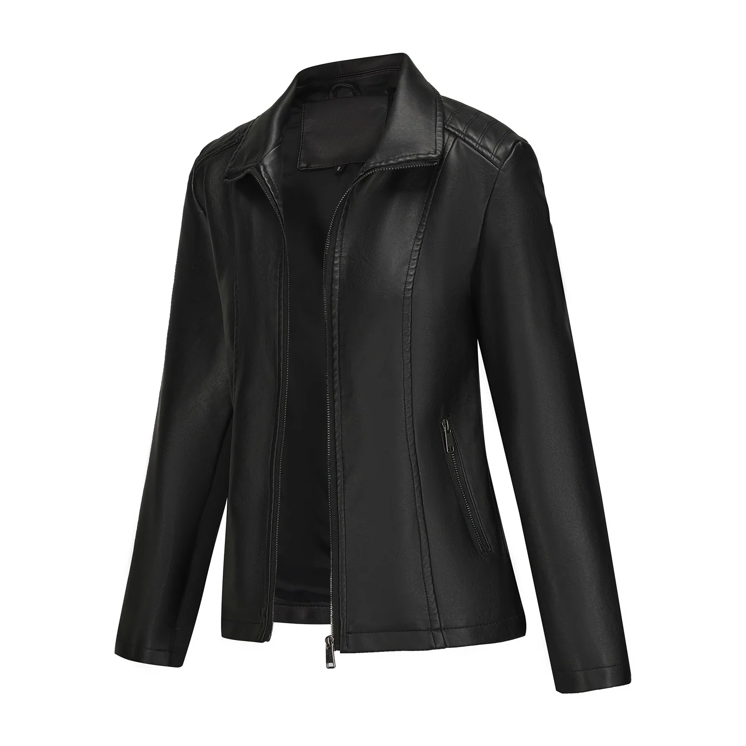 Fashion Women's Casual Pu Jacket Ladies Autumn Winter Solid Faux Leather Zipper Loose Fit Simple Patchwork Motocycle Biker Coats