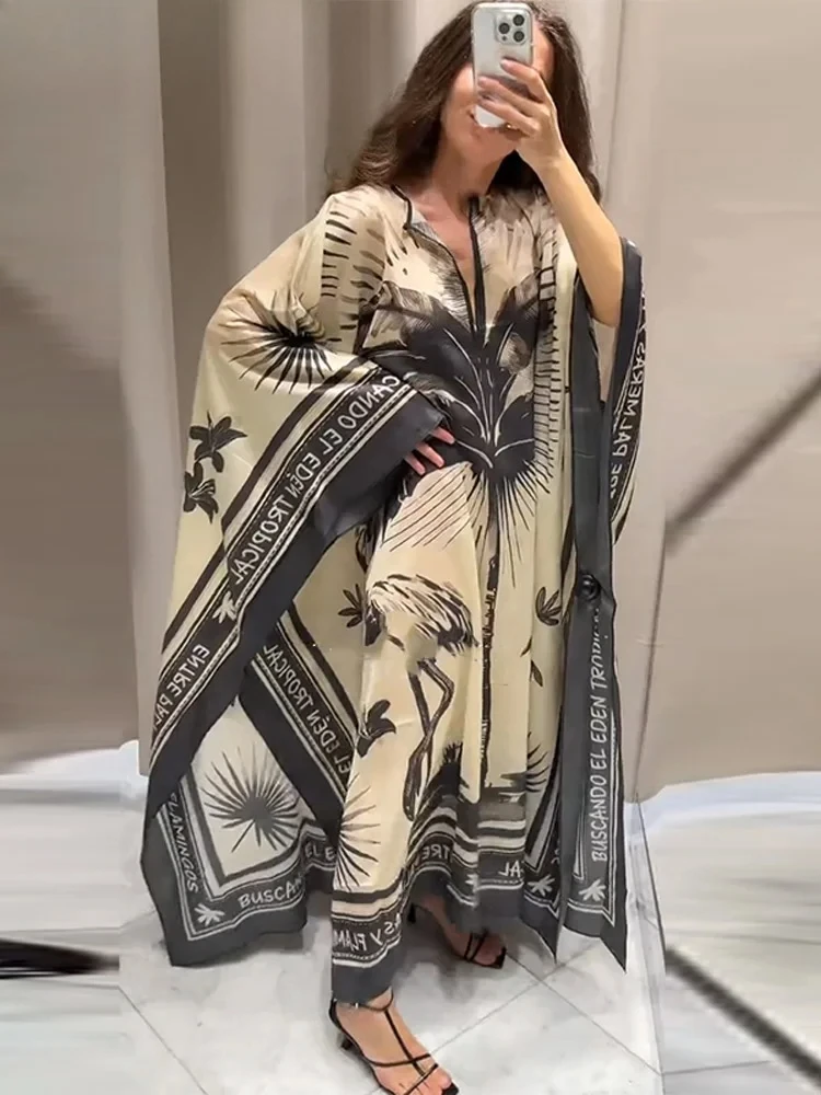 

Fashion Print Pleated Long Dresses Women Party O-neck Full Sleeve Female Holiday Dresses 2025 Comfort Summer Lady Elegant Robes