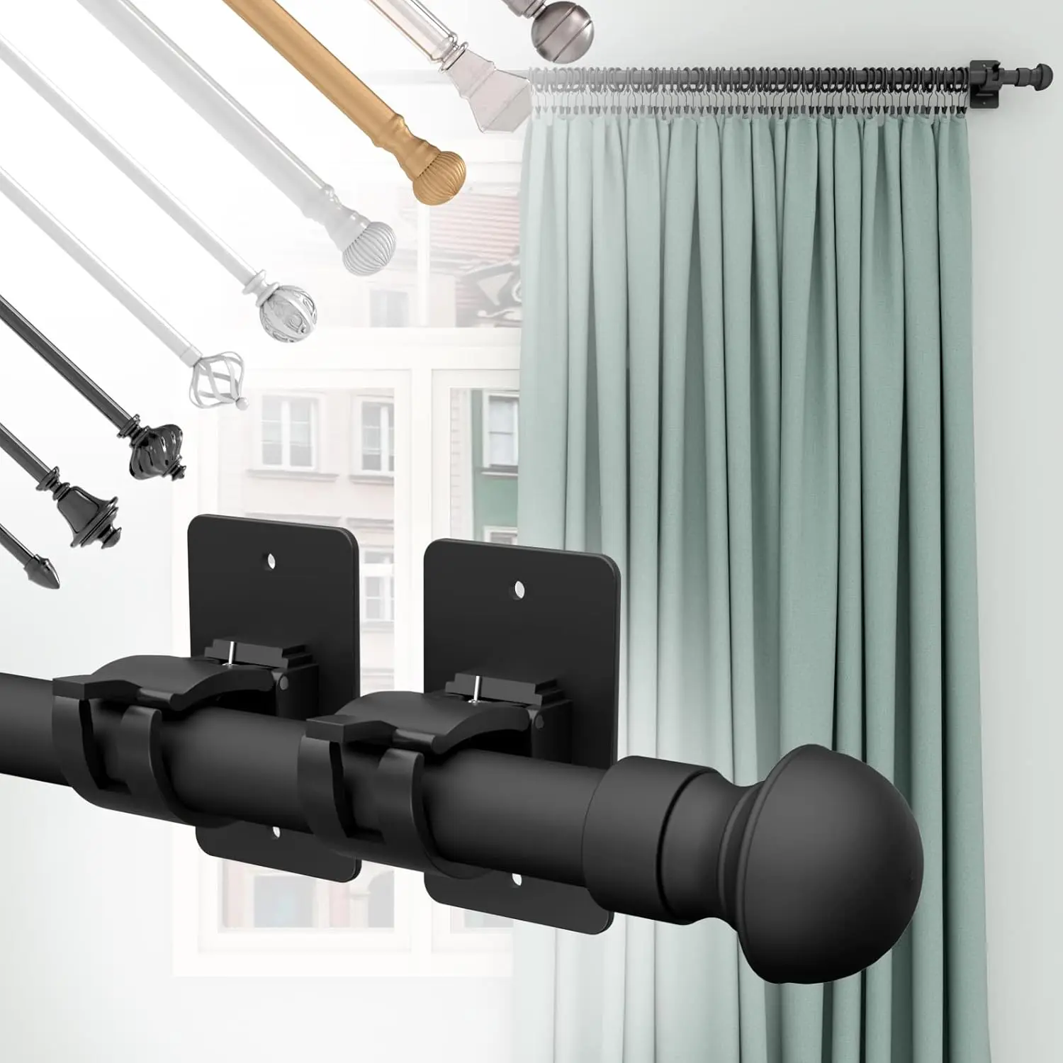 Self Adhesive Curtain Rod Brackets, No Drill Plastic Holders for Bathroom, Bedroom, Kitchen, Black view 5