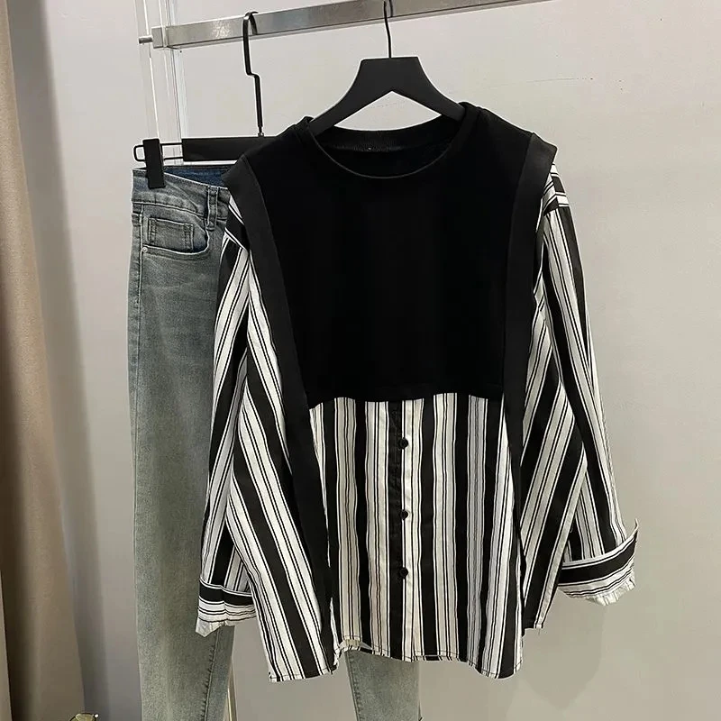 

plus Size Women's Loose Striped Shirt Korean Style round Neck Long Sleeve Casual Top Fake Two-Piece Spring Autumn Fashionable...