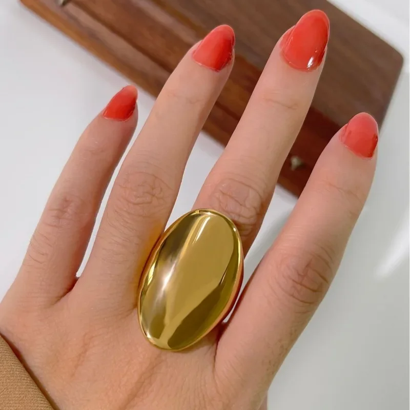 ALLNEWME Personality Metallic Oval Geometric Charm Rings for Women Female  Gold PVD Plated Titanium Steel Chunky Finger Ring