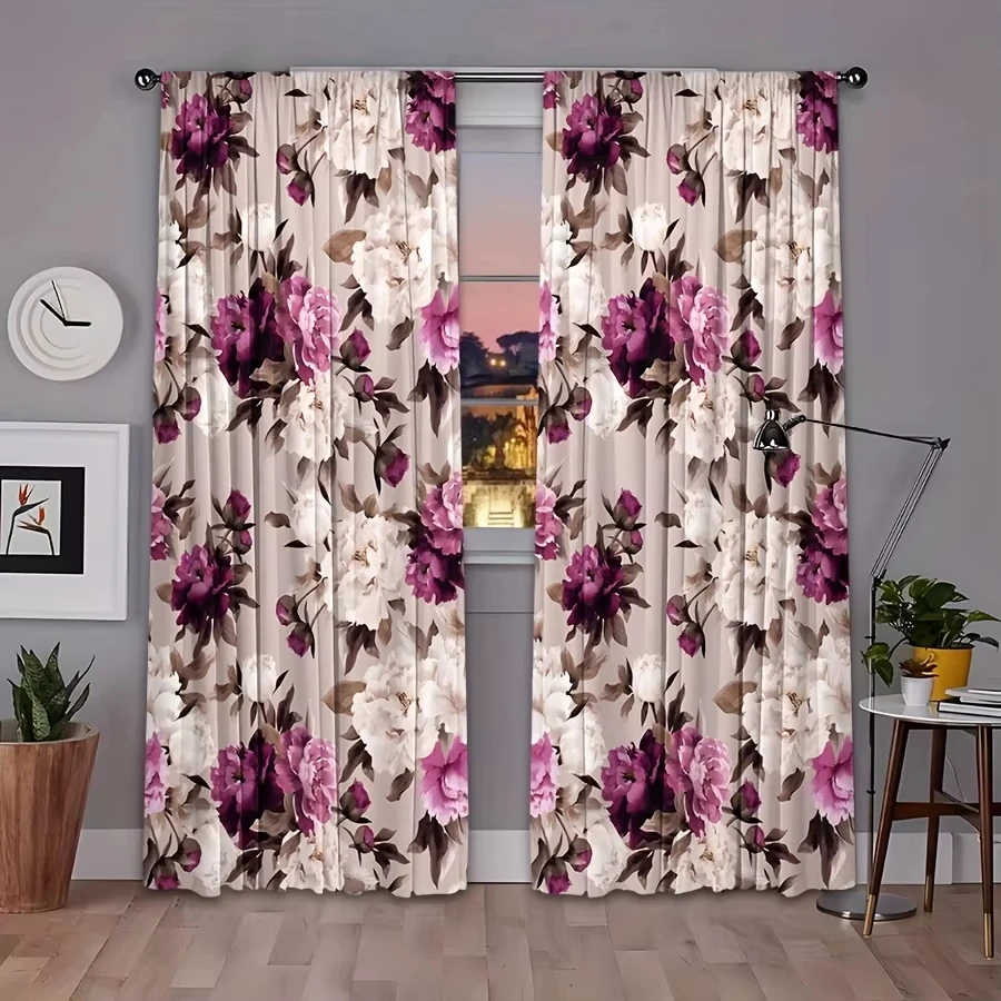 Country-style purple floral print curtains, with rod pockets, suitable for bedroom, living room, and kitchen decoration. 2 pcs