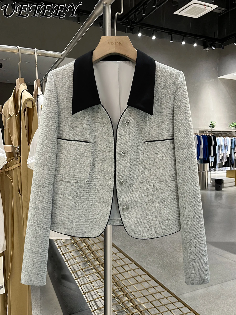 

Gray Contrast Color Stitching Suit Jacket for Women 2024 New Spring Autumn Light Luxury Exquisite Super Nice Blazer Short Coat