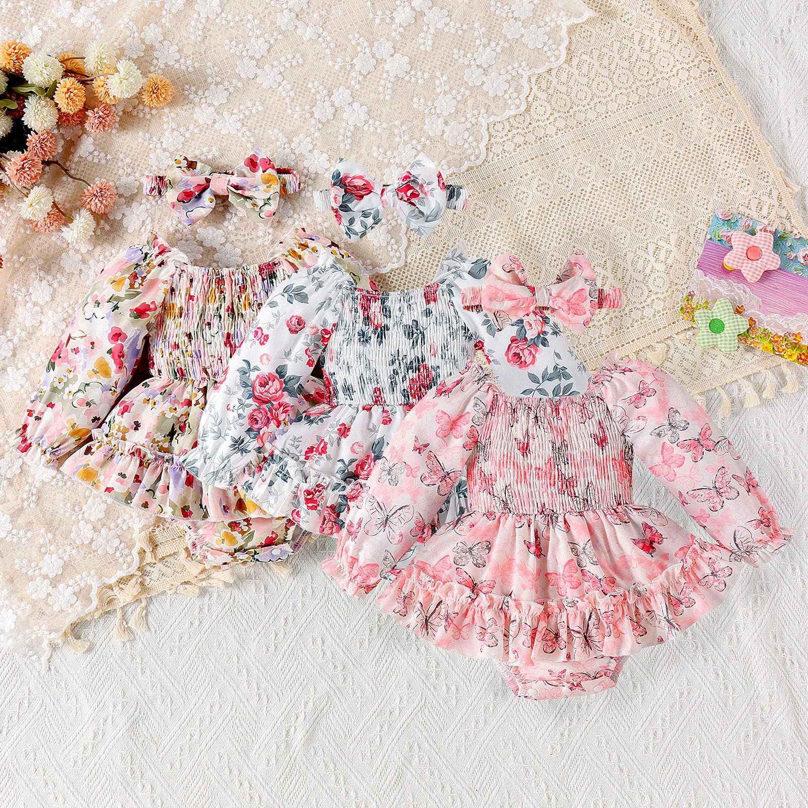 2PCS Autumn New Style For 0-1-Year-Old Girls, Sweet And Cute, Printed One-Piece Skirt + Hair Band