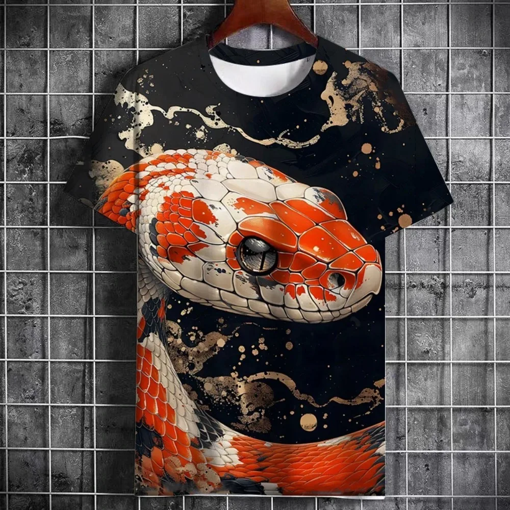 3D Realistic Blue Gold Snake Print T‑Shirt, Animal Serpent Graphic Short Sleeve Tee, Hip‑Hop Streetwear Loose Casual Top for Men