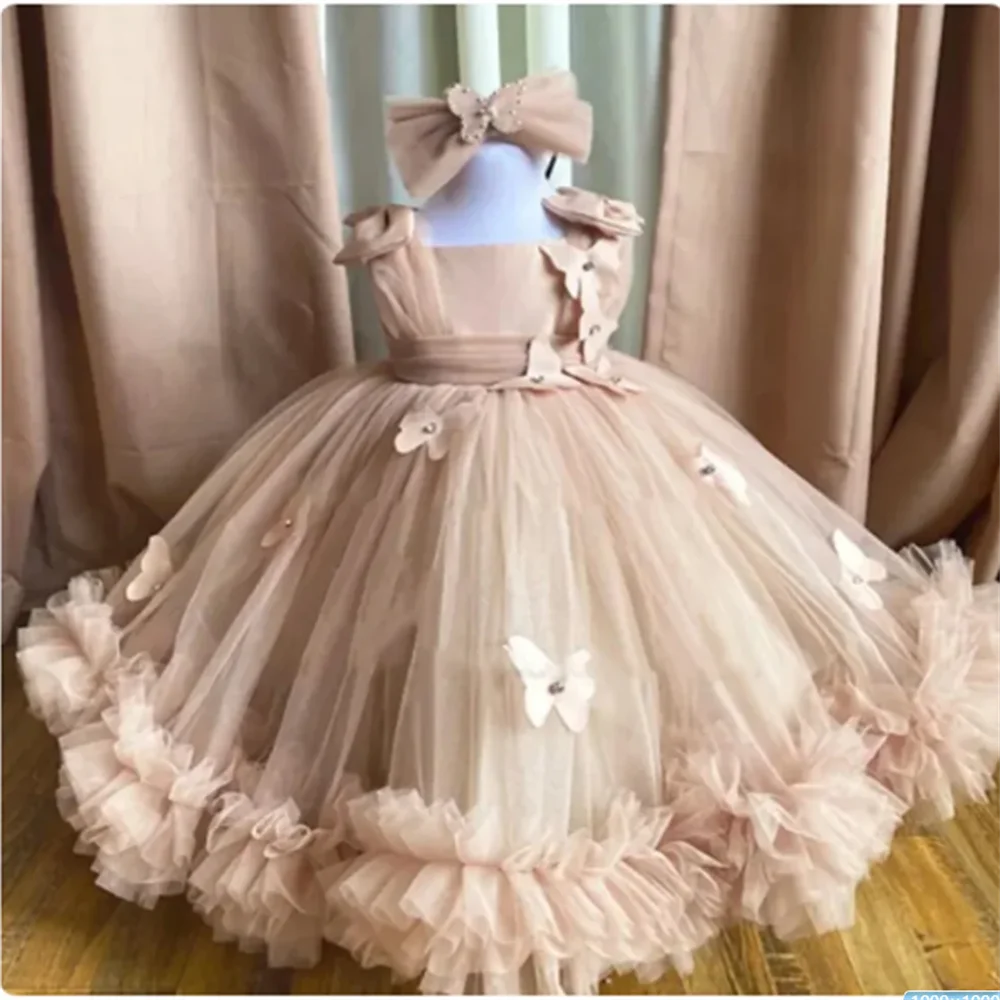 Cute Beauty Pageant lilla Flower Girl abiti per matrimonio Puffy Tulle 3D farfalle principessa compleanno PartyBall abiti da comunione