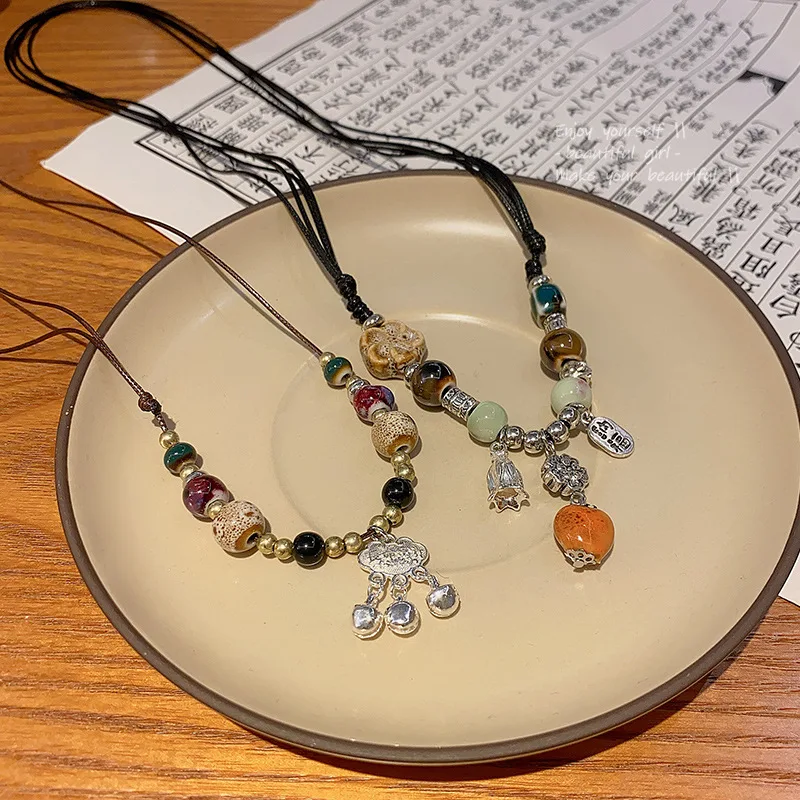 

Ping An Lock Necklace, Women's Retro Ceramic Beaded Clavicle Chain, Versatile Style, Money Attracting Neck Chain