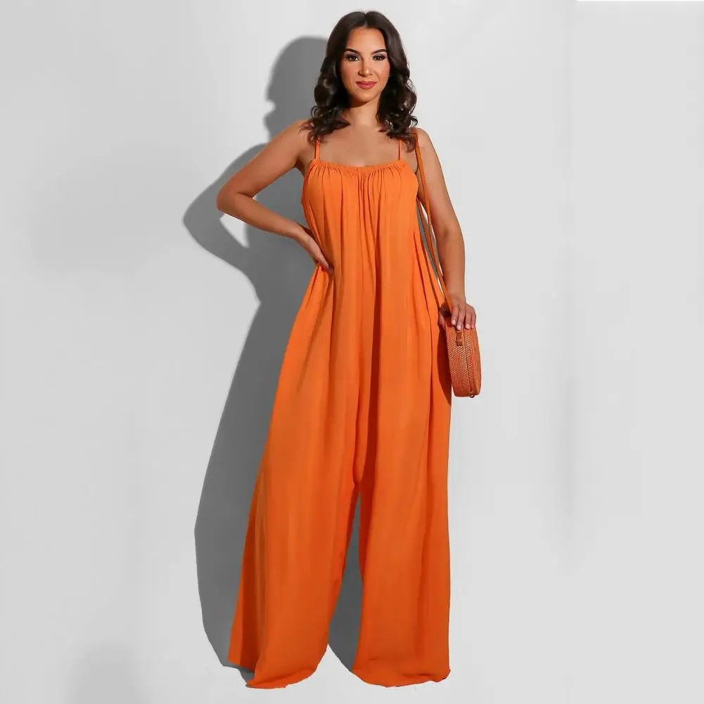 Wide-leg Jumpsuit Elegant Backless Wide Leg Jumpsuit for Women Spaghetti Strap Pleated Crotch Solid Color Full Length Vacation