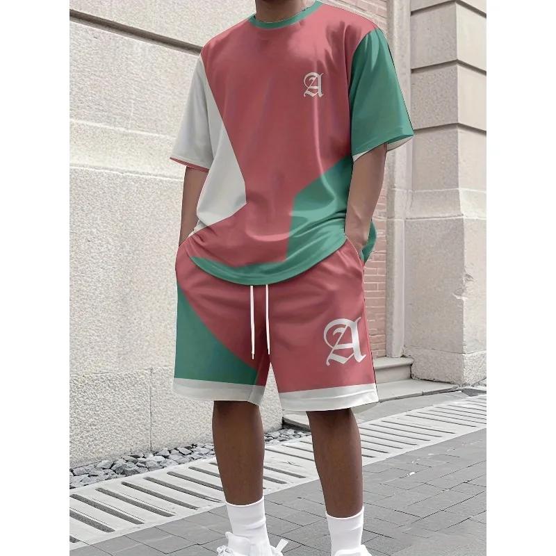 2025 Summer Personalized 3D Printed Round Neck Short Sleeved T-shirt and Shorts Set for Men's Daily Leisure Sports Street Travel