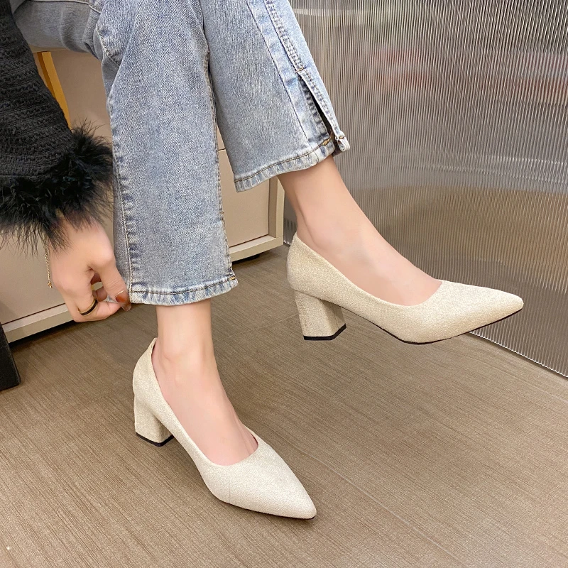 

Новинка 2025, женская обувь на высоком каблуке, туфли с острым носком и неглубоким носком, женская модная обувь на толстом каблуке, женские большие размеры 43