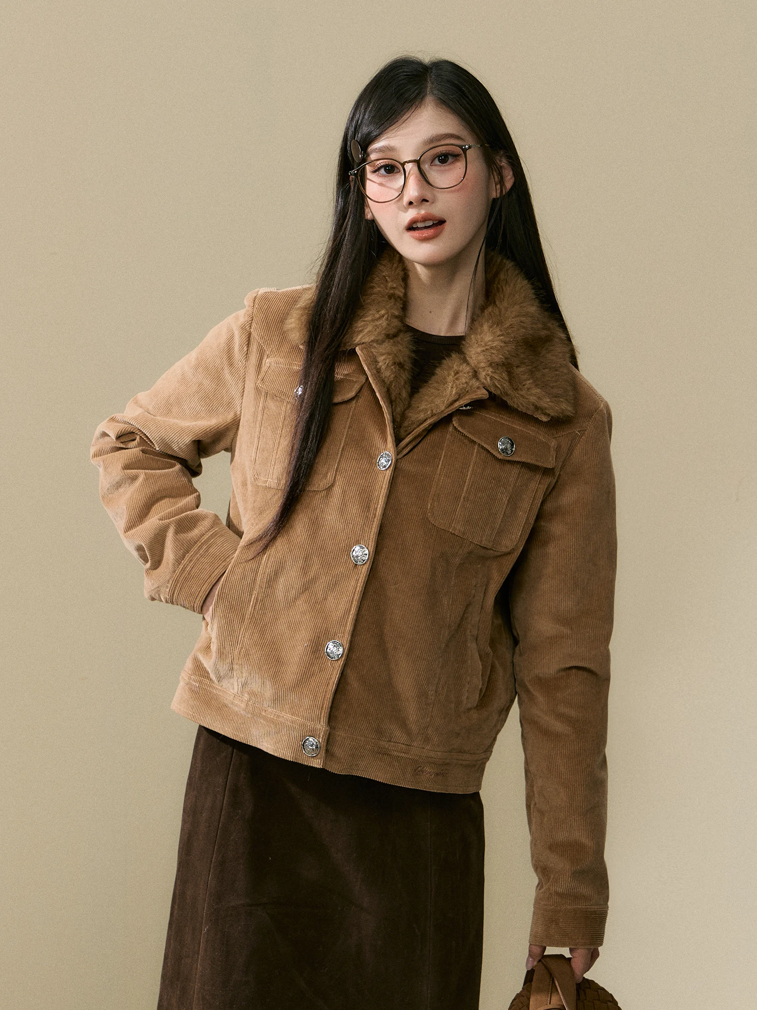 

ELEVEN SP Brown Corduroy Jaet Women's Korean Sle Long Sve Faux Fur Coat Autumn Commuting Jaet Warm ort Coat