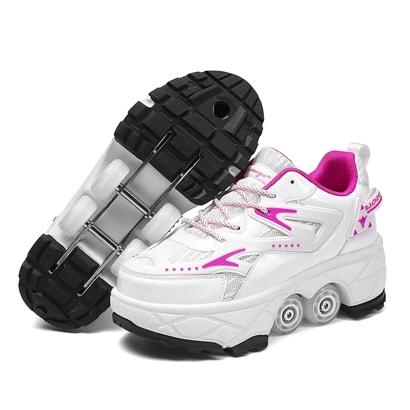 Boys Girls Big Four Wheel Rampage Shoe Lace Brake Roller Skating Shoes with Retractable Wheels Adult Walking Skating Shoe