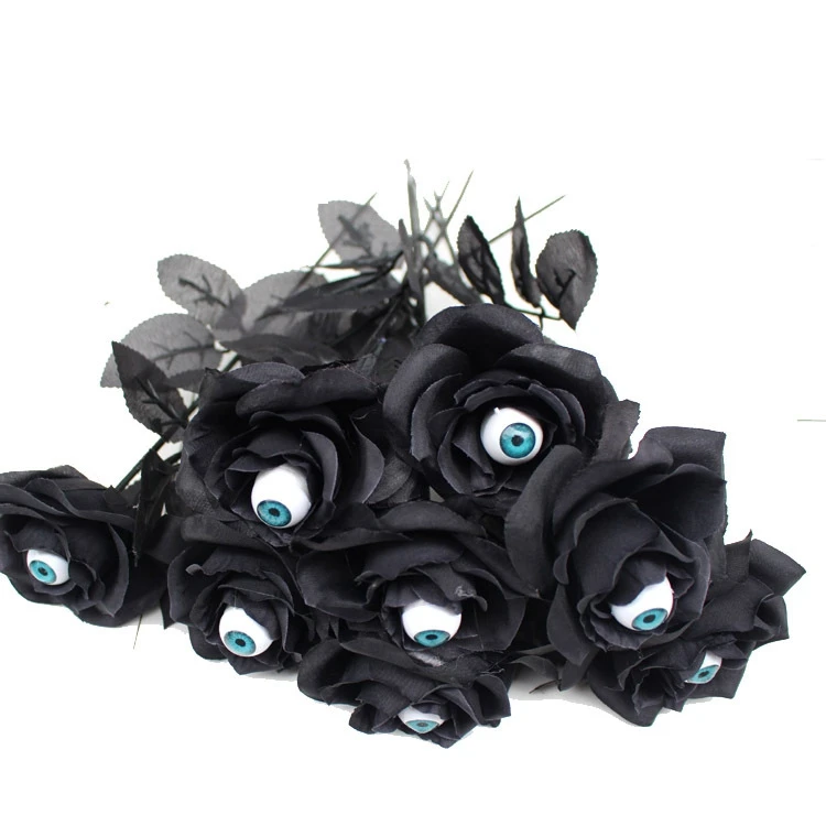 

1Pc Gothic Black Rose Artificial Flower with Eyes Head Bouquet Home Halloween Decoration Horror Fake Rose Flowers